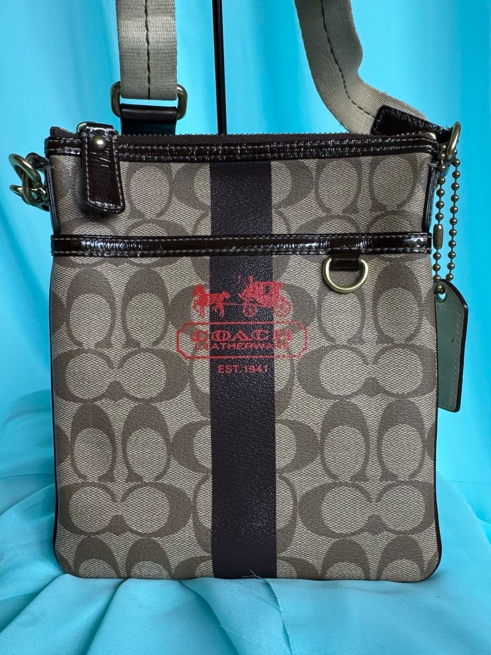 Coach Signature Canvas Crossbody Bag in Brown with Red Logo